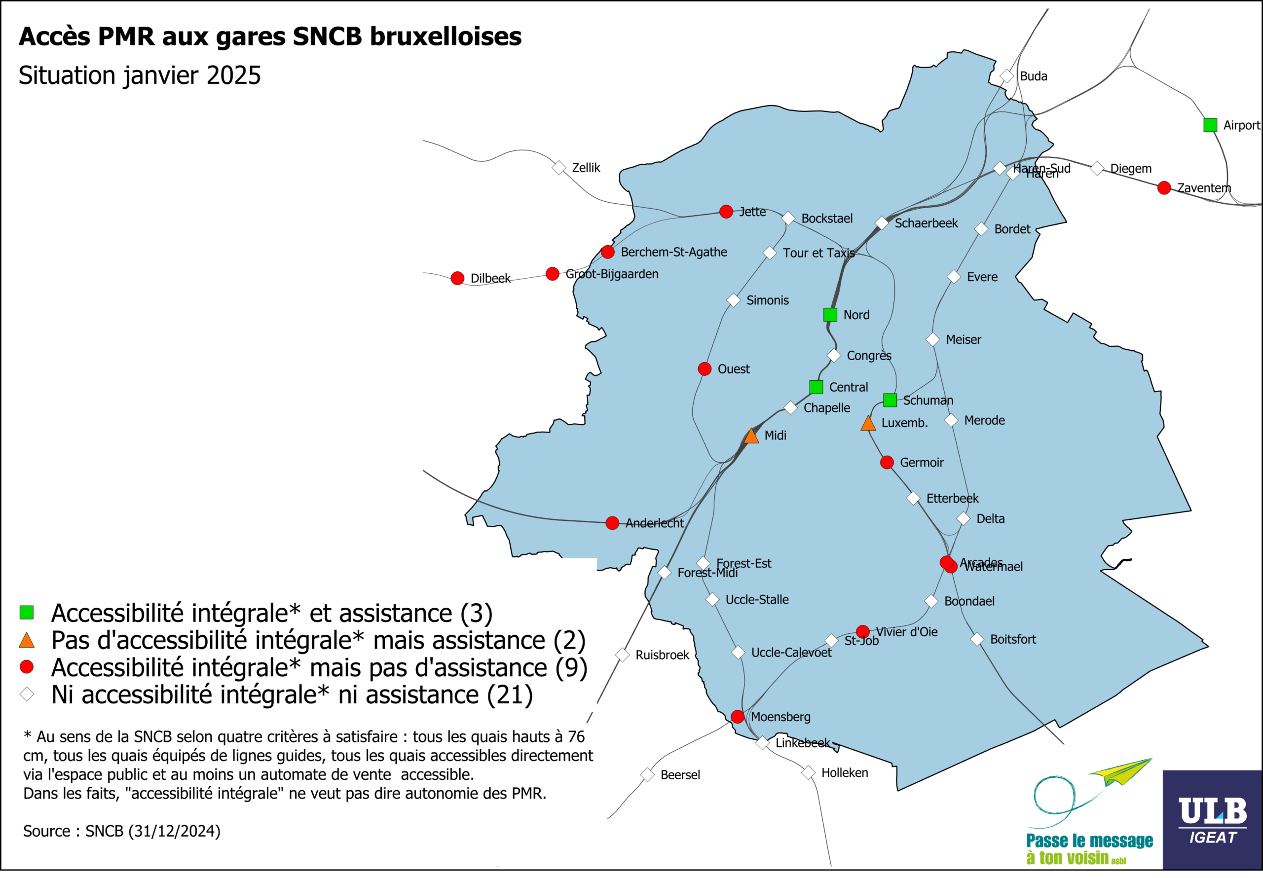 carte accès pmr aux gares SNCB bruxelloises